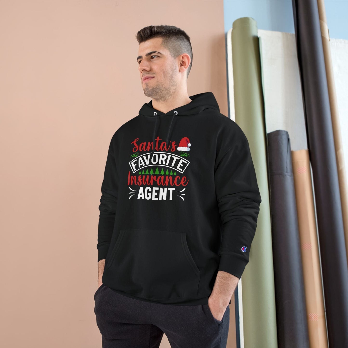 Printify Hoodie Santas Favorite Insurance Agent Champion Hoodie Holiday Gift