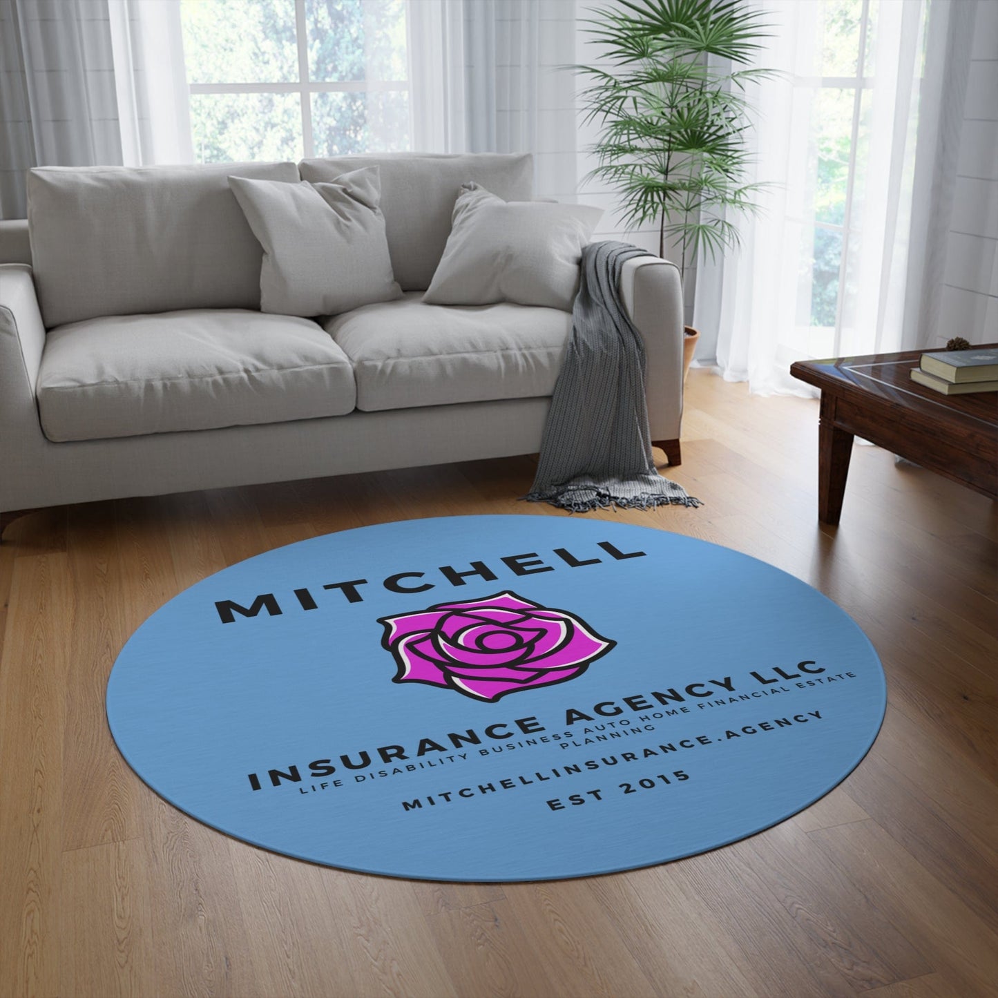 Printify Home Decor Light Blue Custom Agency Logo Rug Personalized 60 Inch Round