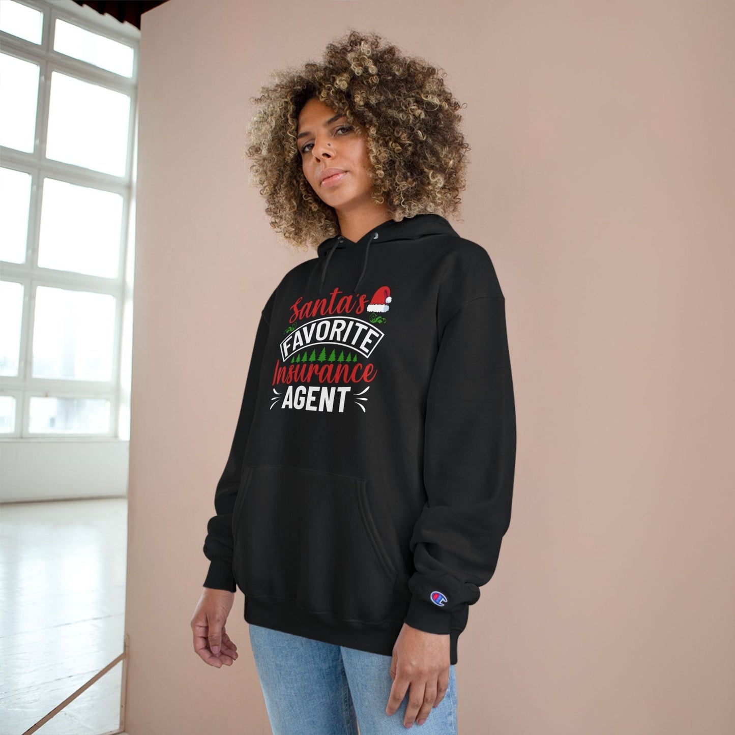 Printify Hoodie Santas Favorite Insurance Agent Champion Hoodie Holiday Gift